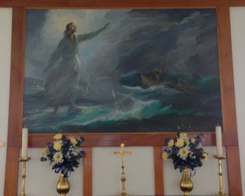 This painting of Christ calming the storm hangs behind the altar of St. Mary's. It was painted by William de Garthe, who carved the amazing 30 metre granite sculpture we saw in Peggy's Cove, NS, this summer.
