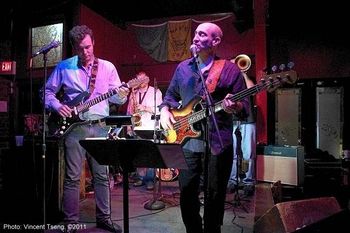 (l-r) Lawson Feltman-gtr, Mace Hibbard-sax, Scott-bass/voc. Mojo Dojo @Blind Willie's. Atlanta 10/12/11.
