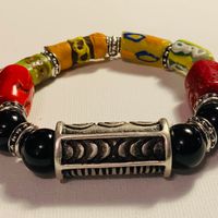 Black Onyx, Red Bamboo, and African Krobo Bead Stretch Bracelet