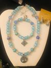 Turquoise and Blue Chalcedony Stretch Bracelet with Holy Land Cross Charm