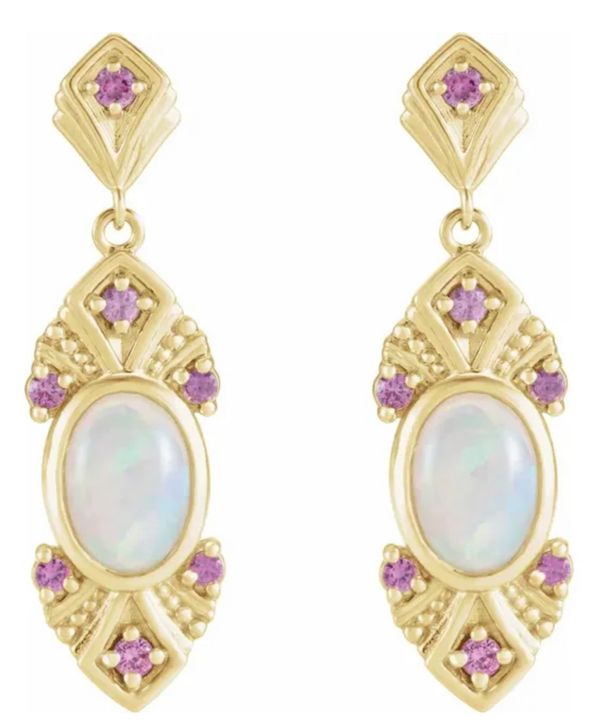 14K Yellow Natural Ethiopian Opal & Natural Pink Sapphire Vintage-Inspired Earrings
