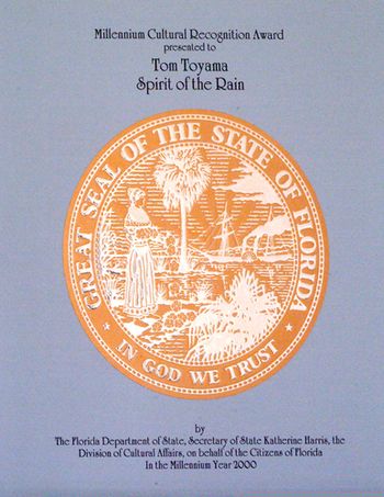 Florida Millennium Cultural Recognition Award presented to Tom Toyama for his multi-media composition and performance of original music, modern dance, and nature sounds.
