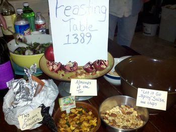 Food spread at a house concert in Arkansas... cleverly labeled after song titles and lyrics
