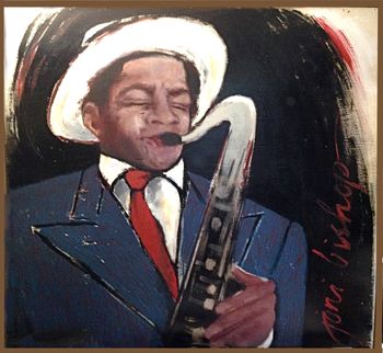 "Jazz Horn"/ Illinois Jaquet / Acrylic on wood, framed in wood / H 50" x W 50" / $4000. + shipping
