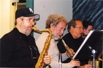 Lew with Gerry Niewood, Pete Yellin at Lynn Welshman Tentet rehearsal NY 2005
