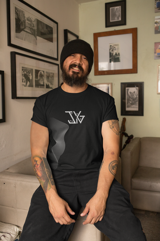 man wearing JYG, junkyard groove Waves unisex design Tshirt