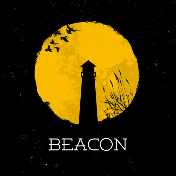 Cover art with  a light house in black and yellow circle and black bacground for the single beacon by junkyard groove