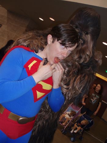 Chewie chokes a SUPERMAN imposter.
