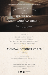 Monday Oct 27th 8pm Tolani Concert series Rupert Boyd, Nilko Andreas Guarin