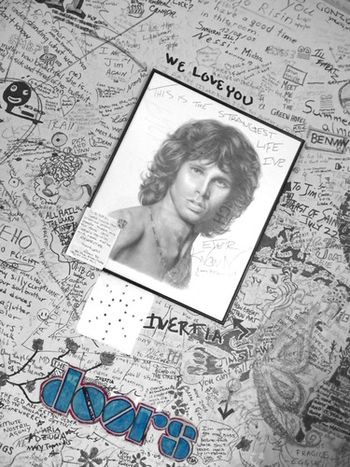 "Strangest Life I’ve Ever Known" A portrait and just a small sample of the graffitti found in Room 32 of the Alta Cienega Motel, where Jim Morrison lived on and off for 3 years. The room is a living and ever changing shrine to Morrison. During his stay here, numerous events happened, including a visit from Mick Jagger right before the infamous Hollywood Bowl concert of The Doors, as well as one of the final scenes of Morrison’s film “HWY” being filmed here.
