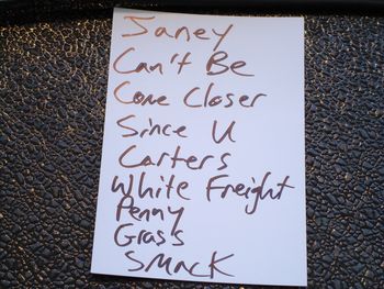 Set List for Saturday night
