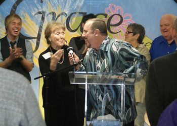 Justin with sweet Peggy Campolo and host Pastor Randy McCain
