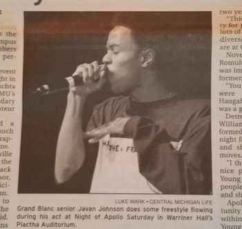 Posted on 6/24/21:  During my earlier days of rapping I had an afro. This is a picture from my senior year of college. The newspaper caption says "freestyle" but I was actually doing a pre-written song.
