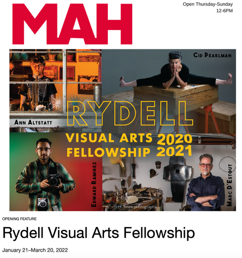 Decorative image with photos of the four Rydell Visual Arts Fellows: Ann Altstatt behind a window, Cid Pearlman atop a wooden box, Edward Ramirez with a camera in hand, and Marc D'Estout