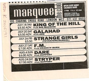 Advert in 'Kerrang' for gig at the world famous Marquee club in London (1991)
