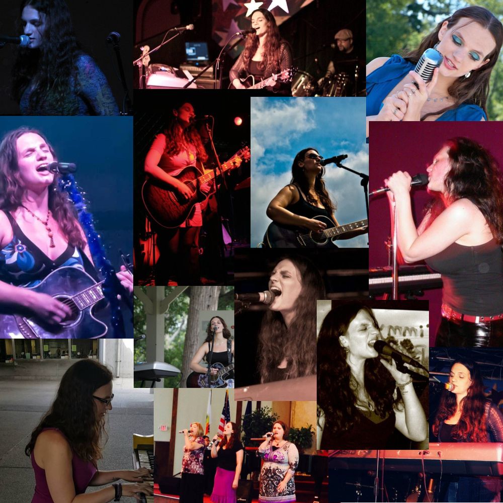 A collage of photos featuring Sara Crawford singing, playing guitar, and/or playing piano