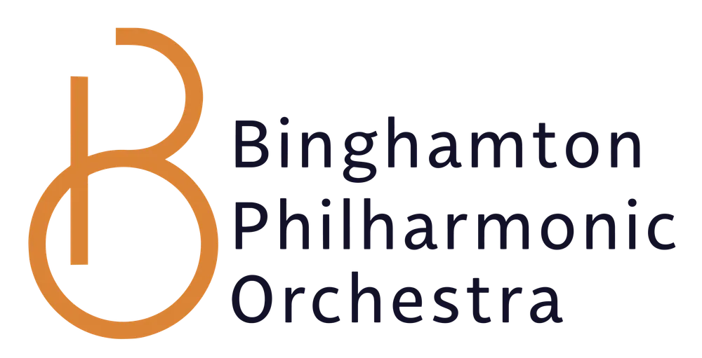 BInghamton Philharmonic logo with designer B that looks like a treble clef in yellow