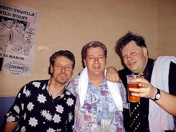 Journey's end - Ian, Tim and Don after coming off stage at 'Slim's farewell gig in February 1999.
