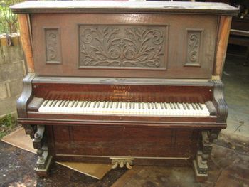 1887 Schubert with a trashed finish,Veneer is some type of open grain 1/4 sawn burl. Area wood experts dont know what it is
