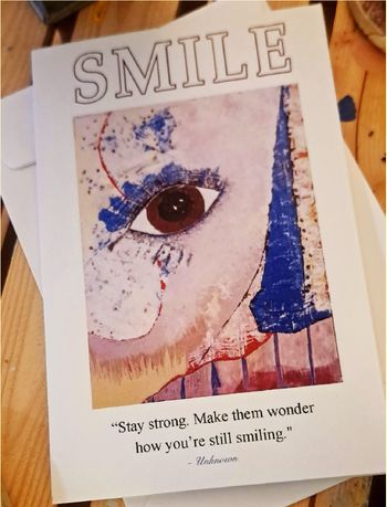 "Smile" art card. $6 + $2 shipping. $8 total. To order, email etherandbones@gmail.com
