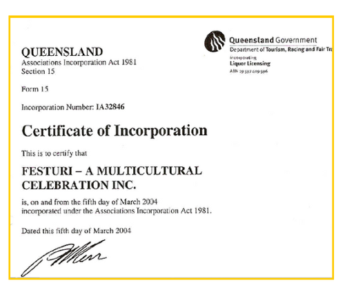 Festuri - a multicultural celebration inc Certificate of Incorporation