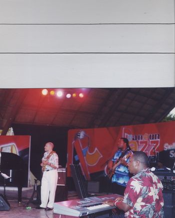 Sweating at the Cancun jazz fest with the Ron Haynes band,It was super hot that night .Buddy fambro gtr,Tim Gant key's,Will Howard Bass,Kahari Parker drums
