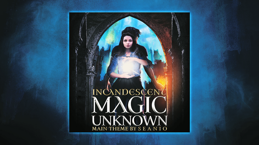 Original artwork for the main soundtrack theme for Incandescent: Magic Unknown; Gothic arch entrance with a man and woman standing back to back, demonstrating magical powers; Track title.