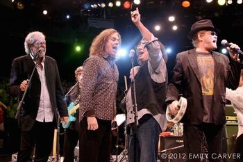 Dusty Hanvey, me, Mark Volman and Micky Dolenz (left to right) during the Happy Together encore
