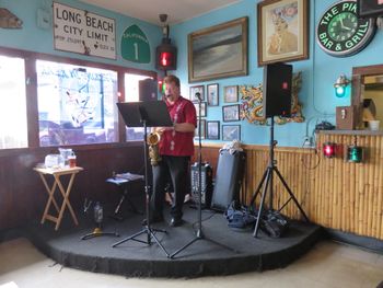 Playing a solo sax show in 2015 at the Pike, Long Beach CA
