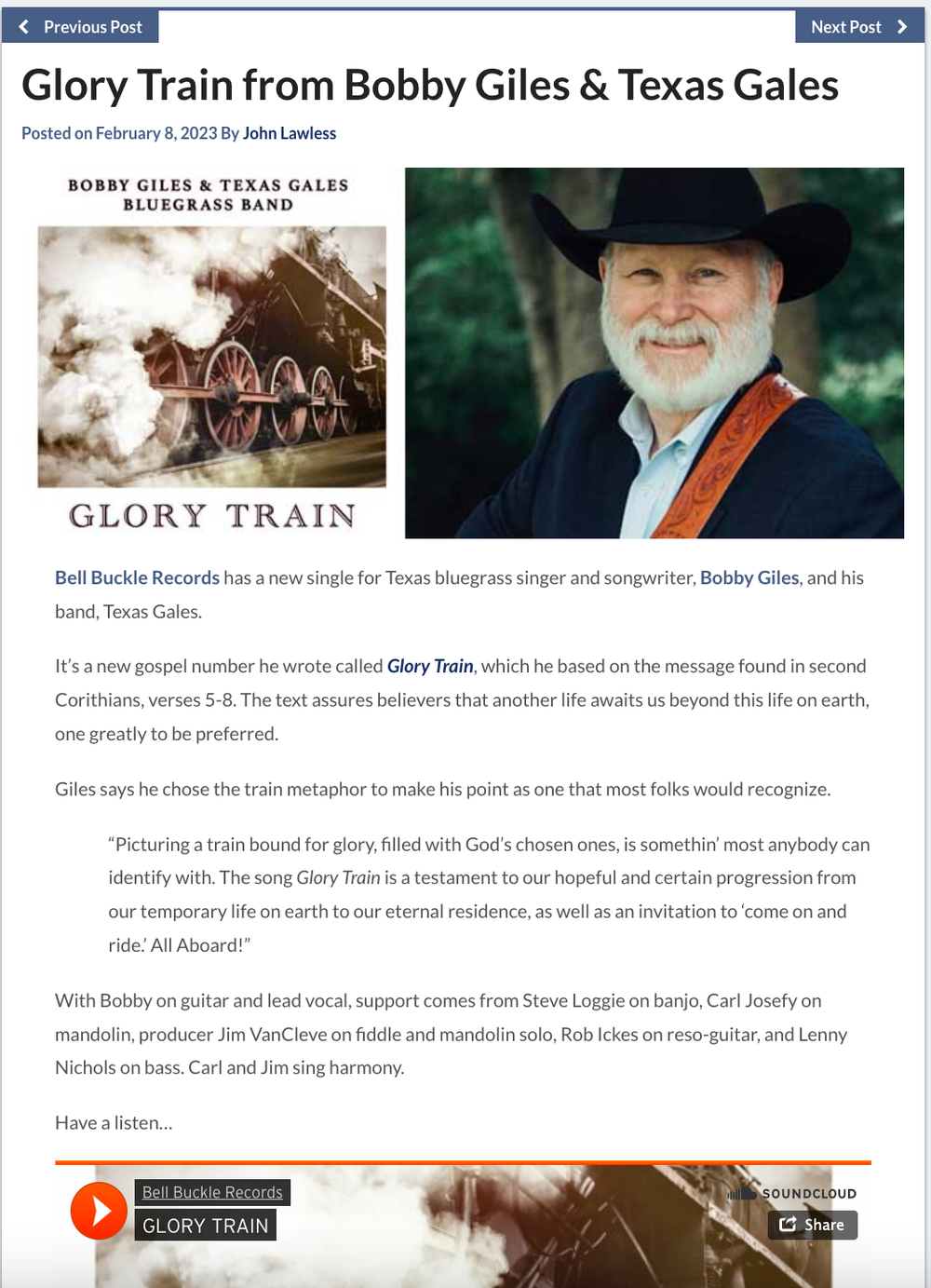 Bluegrass Today Article "Glory Train"