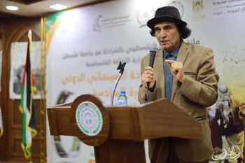 Festival director Saud Mahna speaks at the awards ceremony for al-Awdah International Film Festival in Palestine, May 2022
