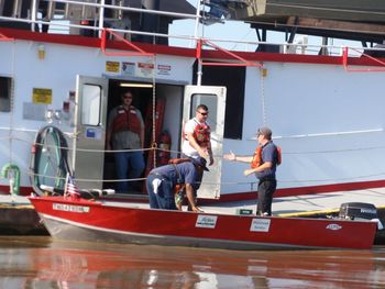 Whether the heat, air conditioning, or kitchen equipment are down, crew members are always glad to see Hughes Midstream's "Red Rover" service skiff.
