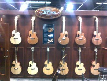 Wall of McPherson Guitars. I played each one except the left handed one Wow!
