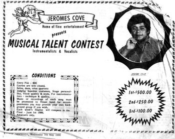 Jerome’s Cove ad (1986) Jerome and his wife Emily opened "Jerome’s Cove" in Western Samoa which became the hottest club in town. The Cove also held talent competitions, local island night fiafias, and featured guest singers and entertainers.
