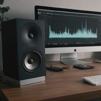Recording studio with speakers and computer