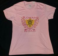 Romans Road women's pink shirt with Eph 6:16 on back