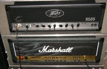 The two heads currently being used in my guitar rig. (Peavey 6505 and a Marshall Kerry King Signature JCM 800)
