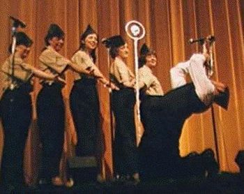 From left to right, Lisa Schenkewitz, Susan Black, Priscilla Driskill, Claire Petersen and Leslie Heavey, marvel at Stephen Clos, our Boogie Woogie Bugle Boy.
