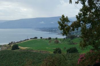 Looking from the Mount of Beatitudes into the Sea of Galilee.

