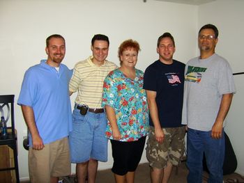 This is after all the fun was over. L-R: Andrew Smith, (producer), Miles Pike (me), Kim Pike (Mom and BGV), Heath Kirkwood (BGV), and Tom Richards (engineer).
