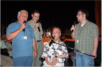 This is the quartet that we put together for the fundraiser concert at Stamps-Baxter 2007. L-R: Jim Waites, me, Ben Waites, and Jordan James. We are called "The Neopolitans". You have to attend Miss Tracey's theory class to know what a neoplolitan is.
