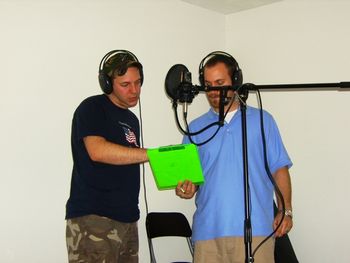 Heath and Andrew arranging the vocals on title cut,"The First Ones Covered By The Blood".
