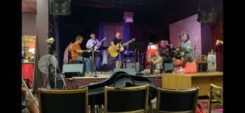 Rehearsing for The 40th Day of July with Corinna Keeling, Tim Boss, Bent Jensen, Paul Jutras, Wayne Kozak, Jeremy Sagar and Tonye Aganaba - at The Duncan Showroom.

