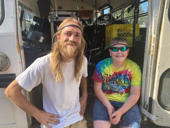 With Trevor Linde, loading the bus to set up city square stage for The Funky Low Down at The 39 Days of July 2021
