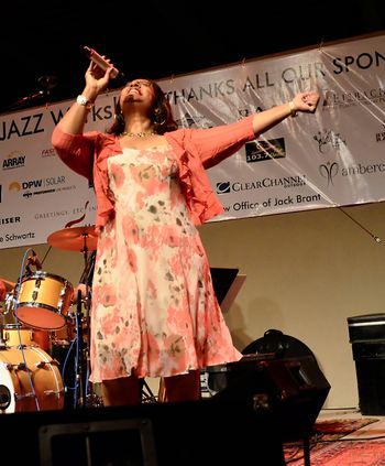 Tracey Whitney - New Mexico Jazz Workshop Women's Voices Singing concert - Albuquerque Museum Amphitheater with Sid Fendley/piano, Micky Patten/bass, Cesar Bauvallet/trombone, Kanoa Kaluhiwa/sax, Andy Poling/drums. 6/7/14
