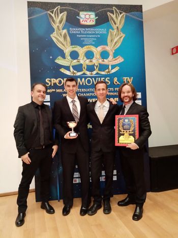 Alessandro Cavazza (Filmmaker - Extreme Billiards: From Bar to Sport), Zakea, Nick Bigtower (Olympic Storytellers section director) and Kehan after winning the FICTS Award for the 'Olympic Storytellers' section

