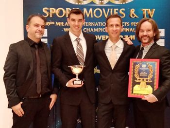 Alessandro Cavazza (Filmmaker - Extreme Billiards: From Bar to Sport), Zakea, Nick Bigtower (Olympic Storytellers section director) and Kehan after winning the FICTS Award for the 'Olympic Storytellers' section
