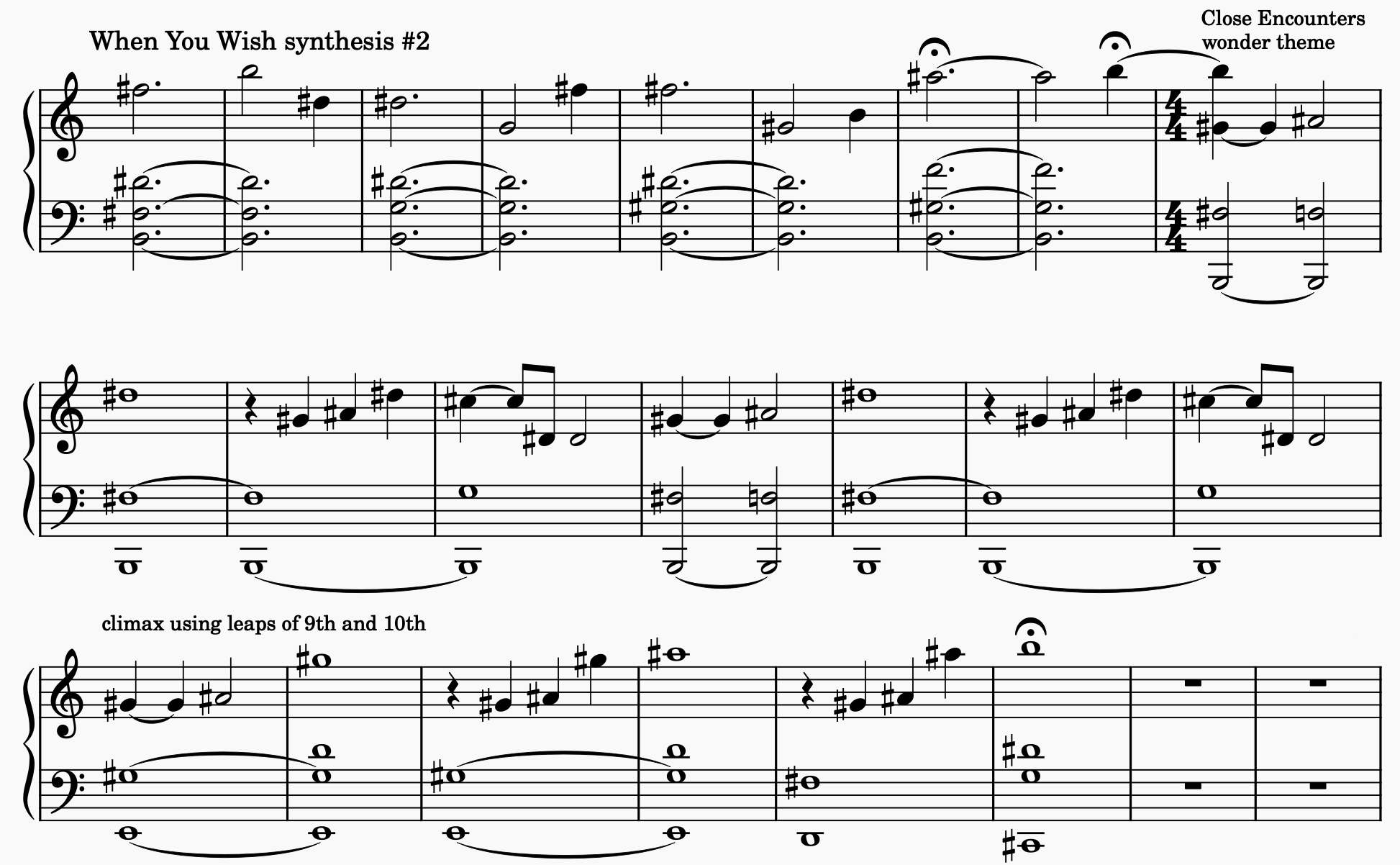 Grand staff showing the second synthesis theme, culminating in the wonder theme, then in the upward leaps of a ninth and a tenth.