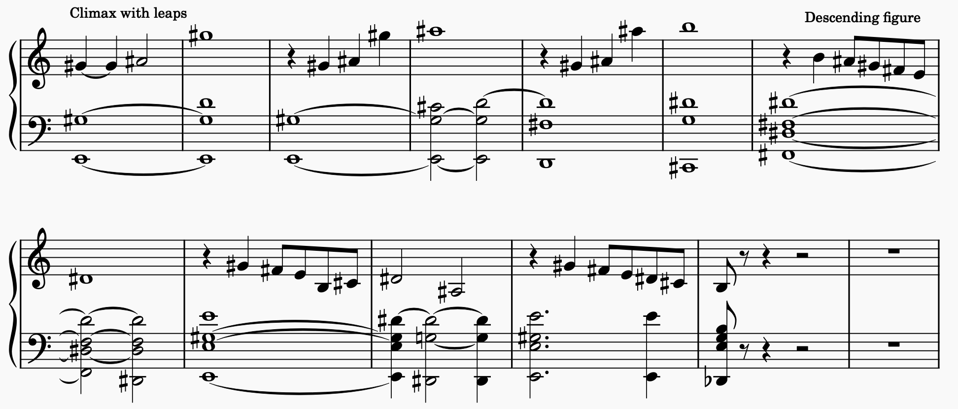 Grand staff showing the second climax with ninth and tenth leaps, then the denouement using variants of the stepwise descending figure.