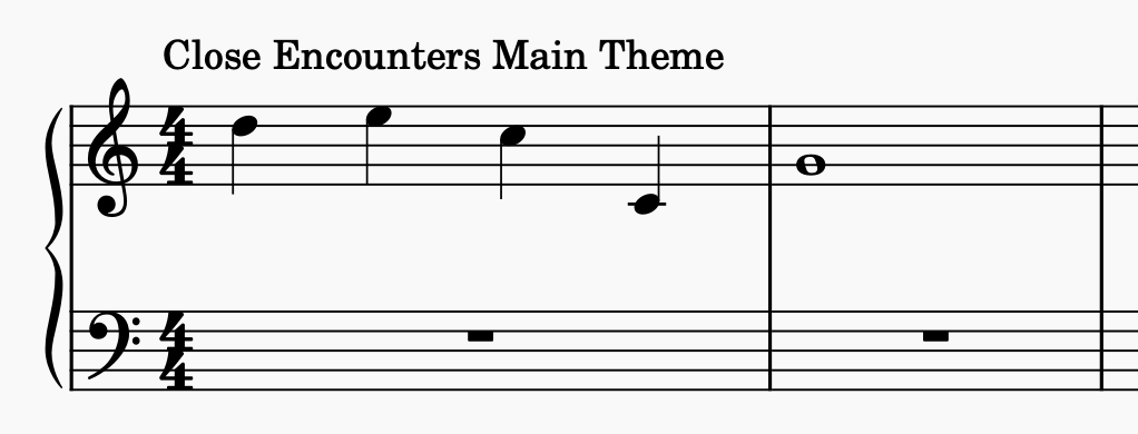 Grand staff showing the five-note main theme.